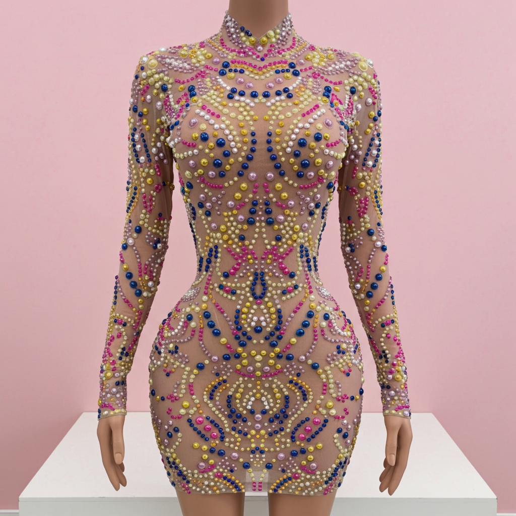 2025 New Sexy Full Color Pearl Mesh Stretch Short Dress Women Evening Birthday Party Prom Celebrate Nightclub Stage Costume
