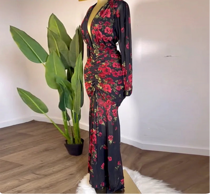 CM.YAYA Vestido largo elegante con escote en V y estampado floral de manga larga para mujer, fruncido, para fiesta, cumpleaños, noche, sexy