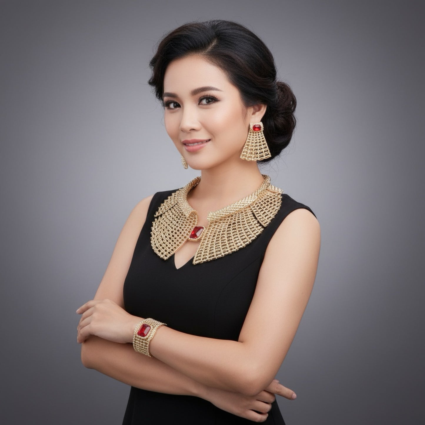 New Arrival Large Rhinestone Necklace Earrings Bracelet Ring Gold Plated Jewelry Set for Women African Bridal Wedding Party Gift