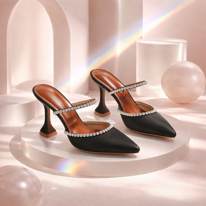 2024 Summer New Pointed Toe Rhinestone Sequined Stiletto Slippers Leopard Print Baotou Half Drag Sandals