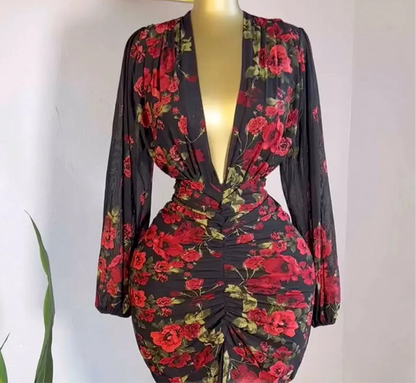 CM.YAYA Vestido largo elegante con escote en V y estampado floral de manga larga para mujer, fruncido, para fiesta, cumpleaños, noche, sexy