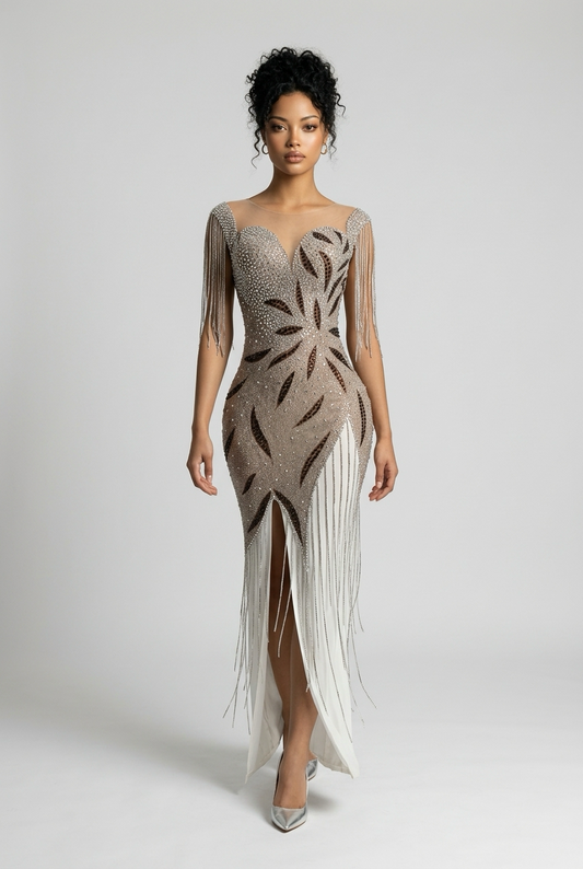 Sparkly Rhinestones Fringes Mesh See Through Maxi Dress Women Elegant Gowns Stage Night Club Celebrate Performance Costume