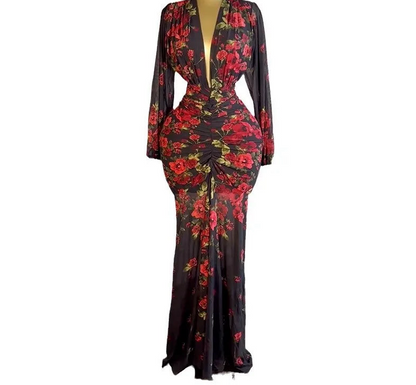 CM.YAYA Vestido largo elegante con escote en V y estampado floral de manga larga para mujer, fruncido, para fiesta, cumpleaños, noche, sexy