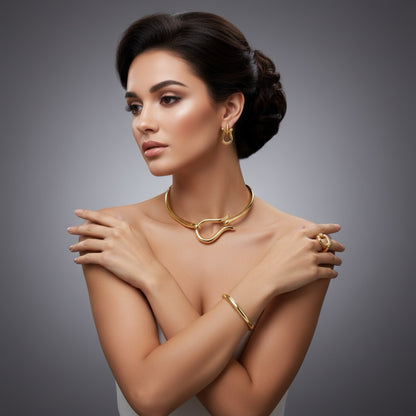 Fashion Jewelry Sets For Women Gold Color Choker Necklace Earrings Bracelets Ring Wedding Set Party Accessories