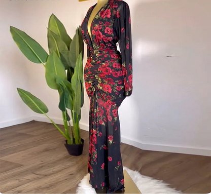 CM.YAYA Vestido largo elegante con escote en V y estampado floral de manga larga para mujer, fruncido, para fiesta, cumpleaños, noche, sexy