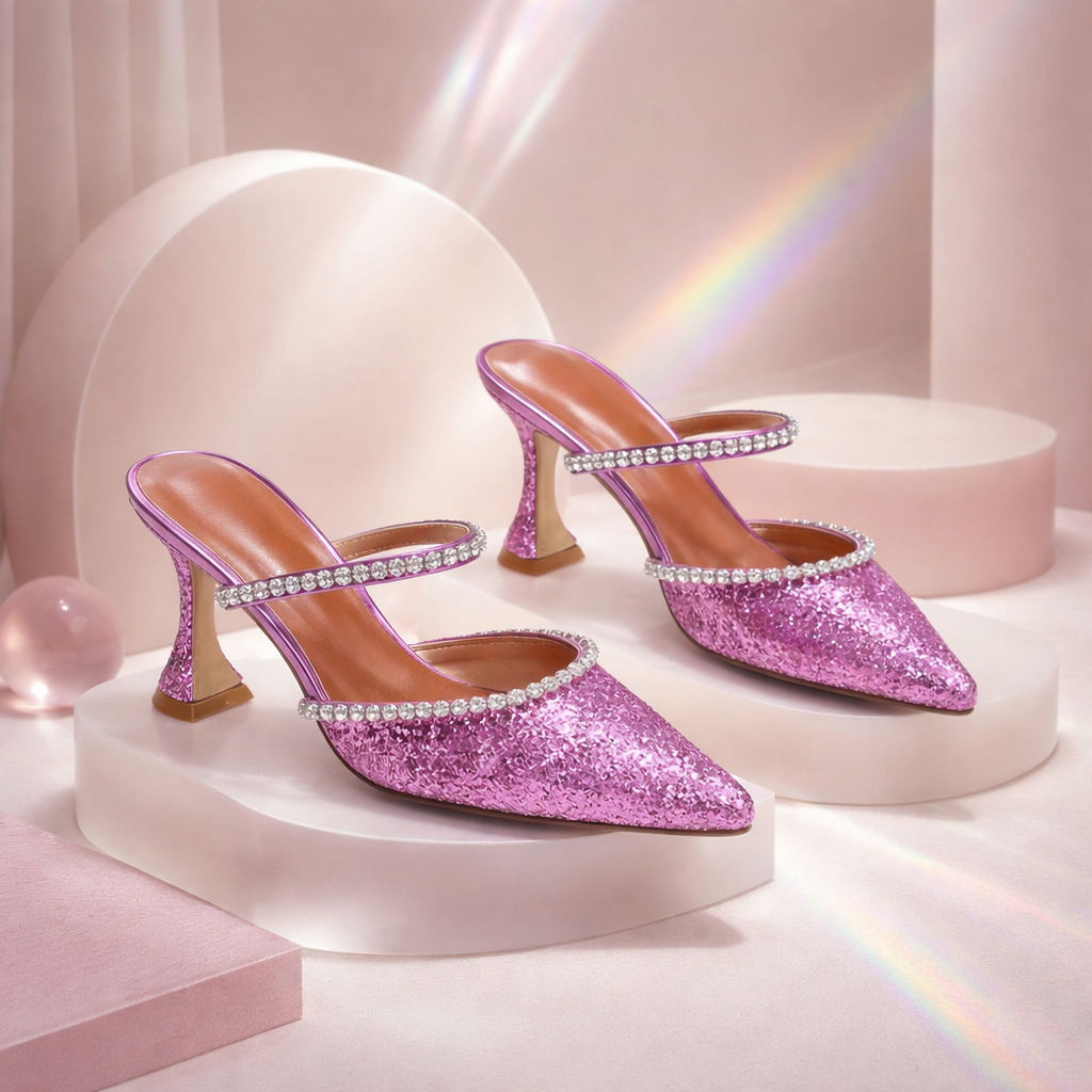 2024 Summer New Pointed Toe Rhinestone Sequined Stiletto Slippers Leopard Print Baotou Half Drag Sandals