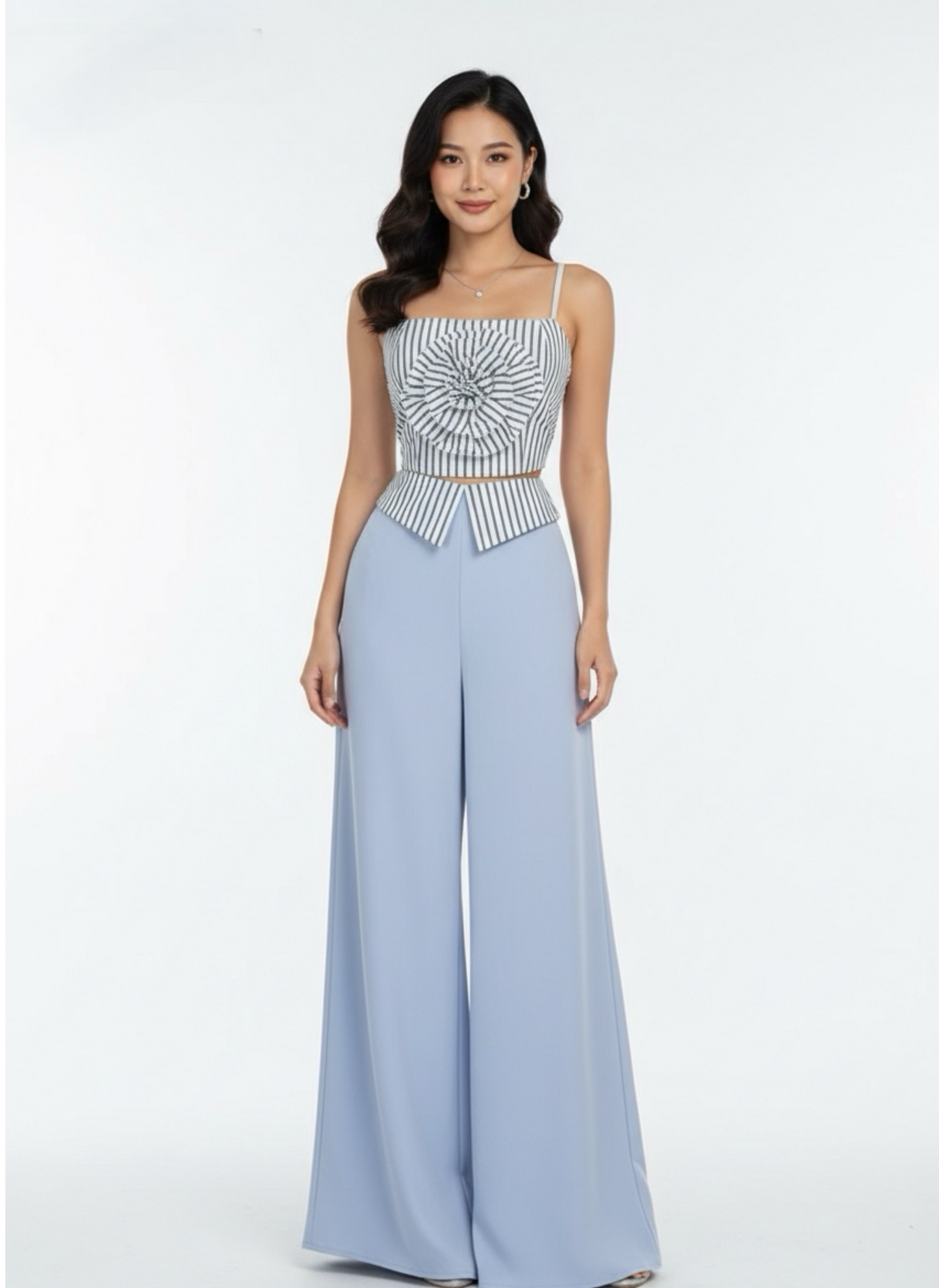 Fashion Women's Set Striped Strap Floral Applique Crop Top and Wide Leg Pants Suit