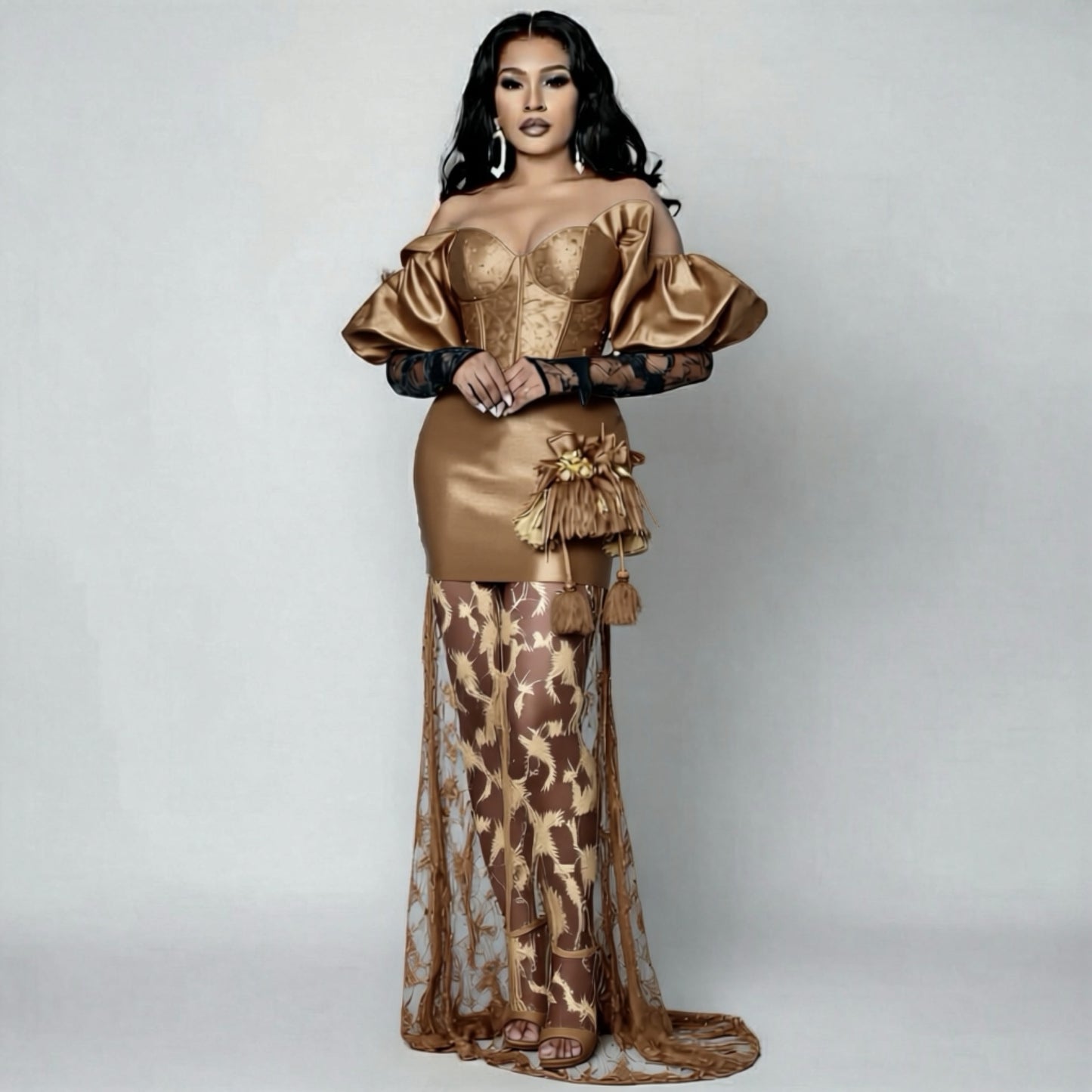 Vestido de sirena con lentejuelas y encaje negro y hombros descubiertos 
