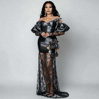 Vestido de sirena con lentejuelas y encaje negro y hombros descubiertos 