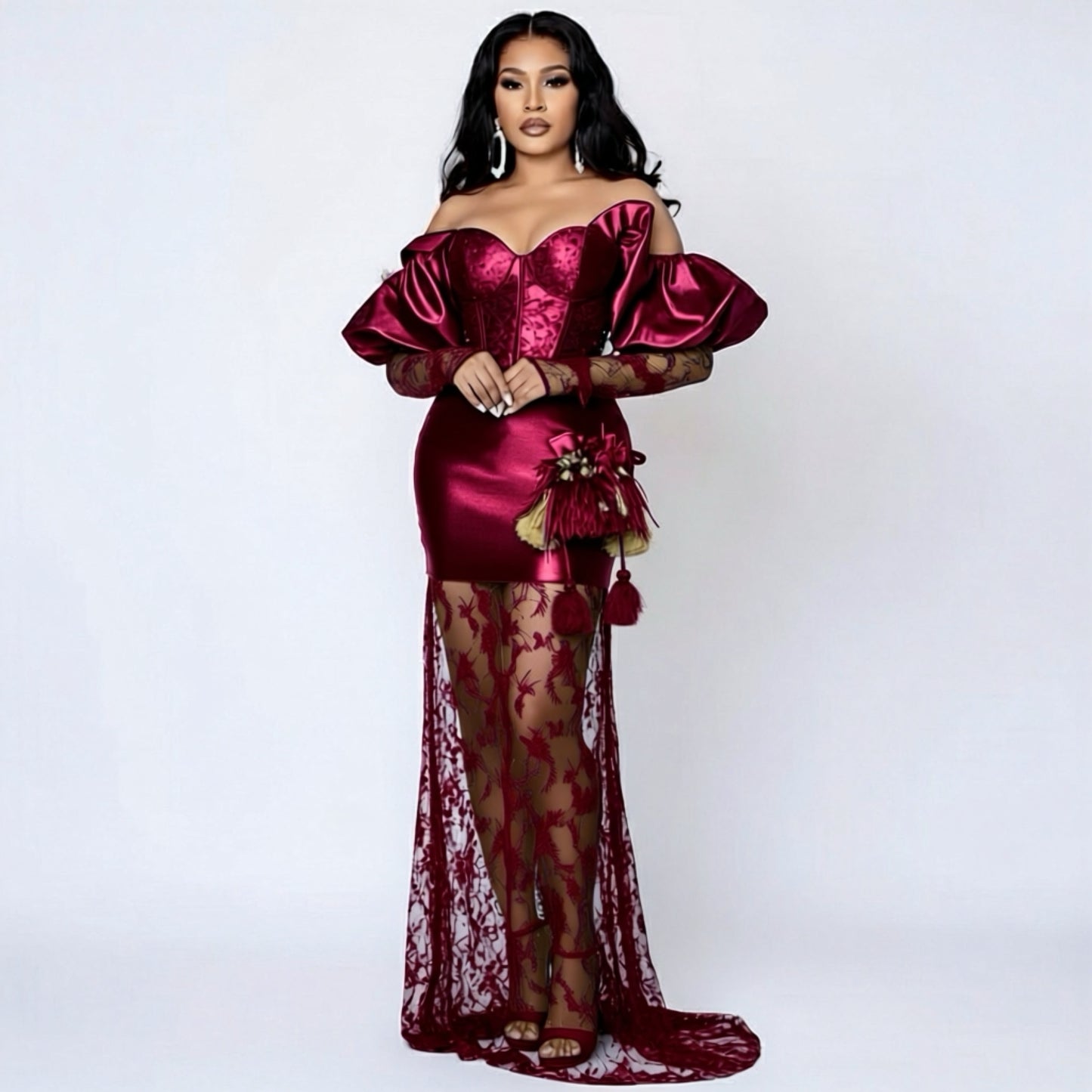 Vestido de sirena con lentejuelas y encaje negro y hombros descubiertos 