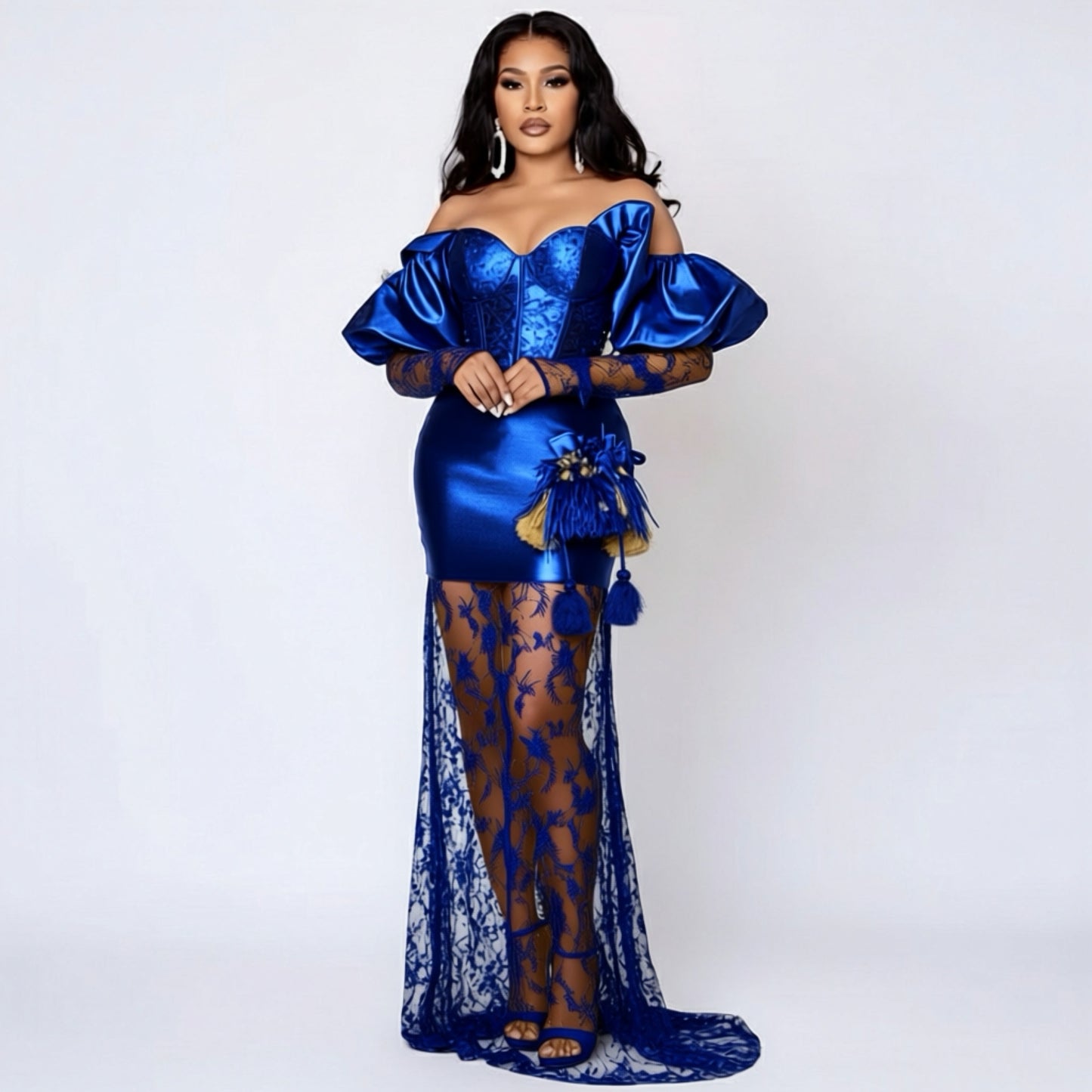 Vestido de sirena con lentejuelas y encaje negro y hombros descubiertos 