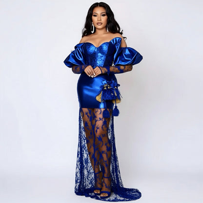 Vestido de sirena con lentejuelas y encaje negro y hombros descubiertos 