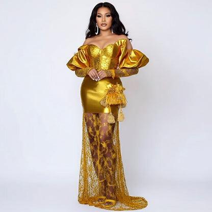 Vestido de sirena con lentejuelas y encaje negro y hombros descubiertos 