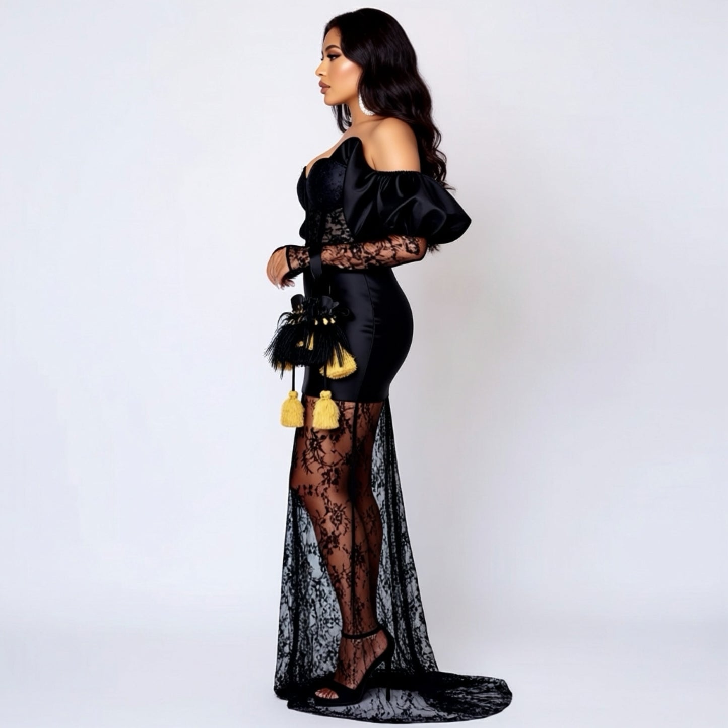 Vestido de sirena con lentejuelas y encaje negro y hombros descubiertos 