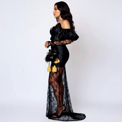 Vestido de sirena con lentejuelas y encaje negro y hombros descubiertos 