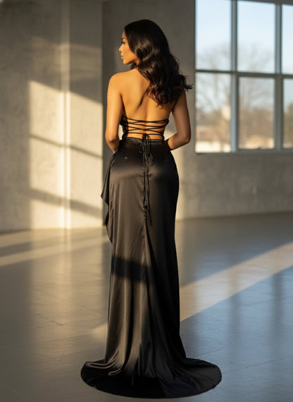 New Arrival Women Gold Color Sexy Laced-up Tops 2 Pieces Set Long Dress