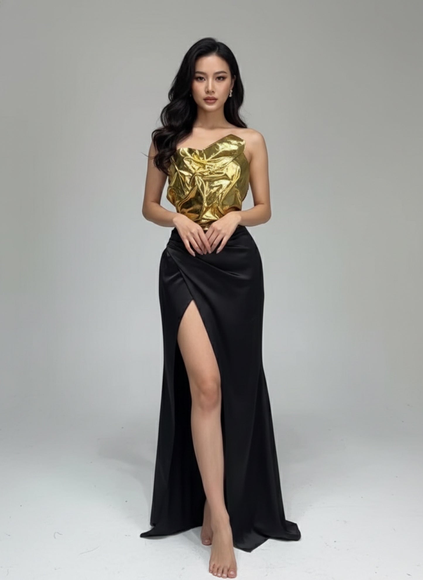 New Arrival Women Gold Color Sexy Laced-up Tops 2 Pieces Set Long Dress