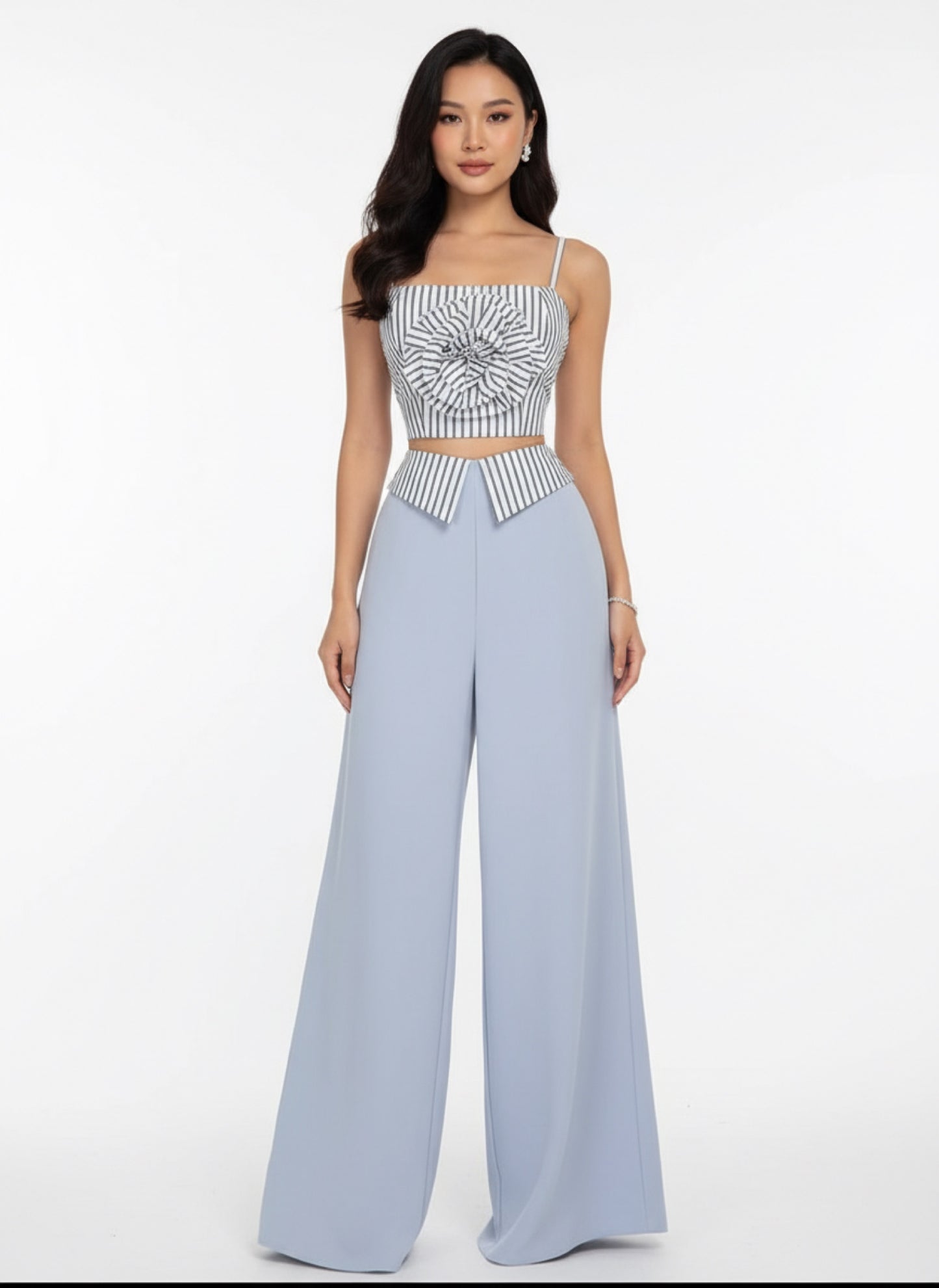 Fashion Women's Set Striped Strap Floral Applique Crop Top and Wide Leg Pants Suit