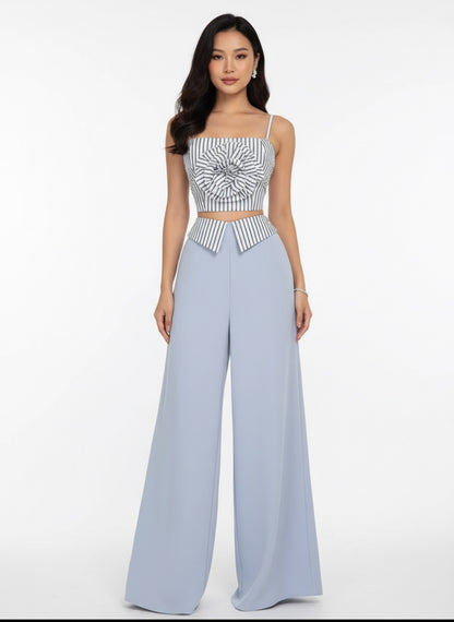 Fashion Women's Set Striped Strap Floral Applique Crop Top and Wide Leg Pants Suit