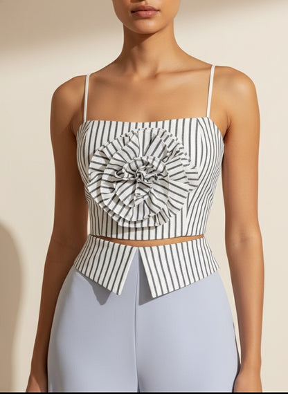 Fashion Women's Set Striped Strap Floral Applique Crop Top and Wide Leg Pants Suit