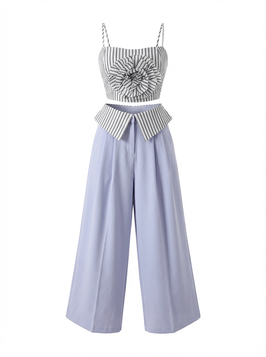 Fashion Women's Set Striped Strap Floral Applique Crop Top and Wide Leg Pants Suit