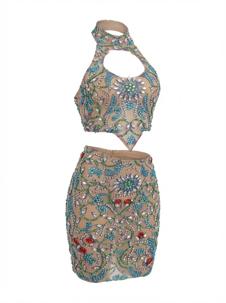 Conjunto de dos piezas de top corto sexy con diamantes brillantes y falda sin espalda para DJ, club, espectáculo, vestido de fiesta para discoteca, Huacong