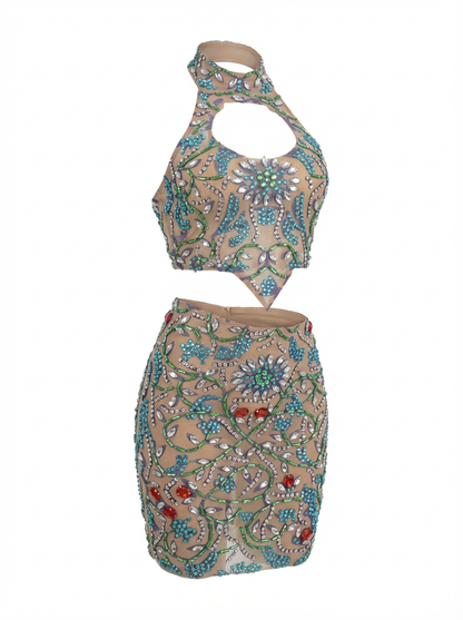 Conjunto de dos piezas de top corto sexy con diamantes brillantes y falda sin espalda para DJ, club, espectáculo, vestido de fiesta para discoteca, Huacong
