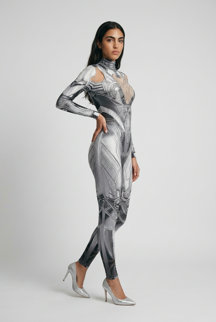 Sparkly Silver Rhinestones Jumpsuit Gloves for Women Sexy Stretchy Performance Dance Costume Nightclub Rompers