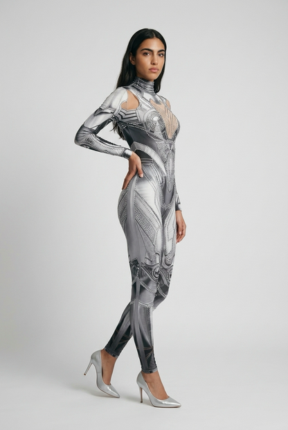 Sparkly Silver Rhinestones Jumpsuit Gloves for Women Sexy Stretchy Performance Dance Costume Nightclub Rompers