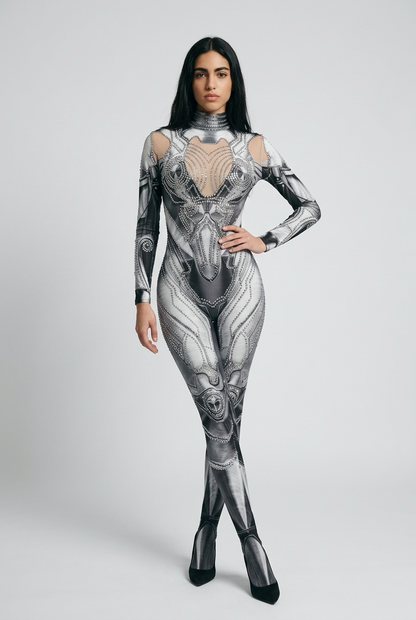 Sparkly Silver Rhinestones Jumpsuit Gloves for Women Sexy Stretchy Performance Dance Costume Nightclub Rompers