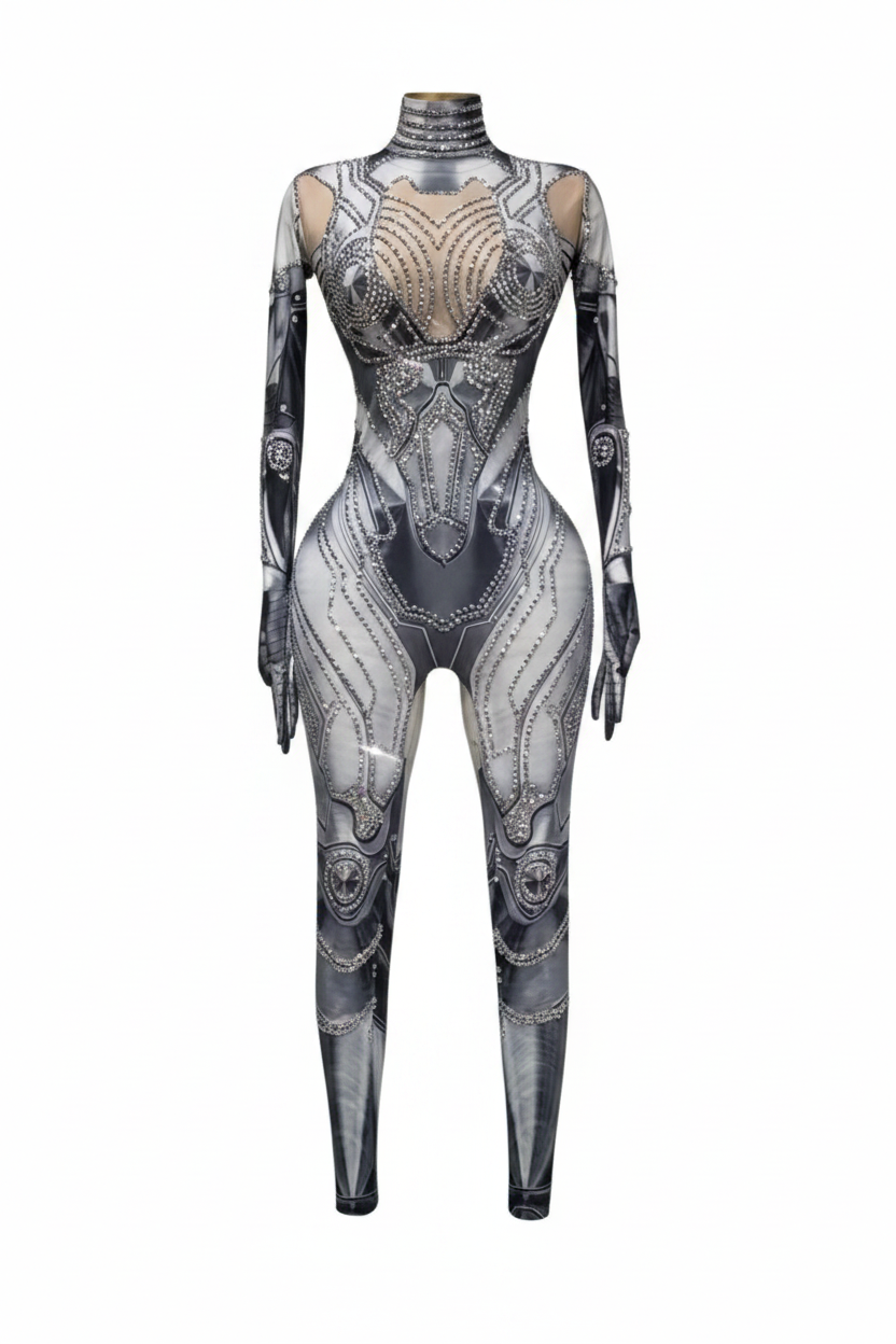 Sparkly Silver Rhinestones Jumpsuit Gloves for Women Sexy Stretchy Performance Dance Costume Nightclub Rompers