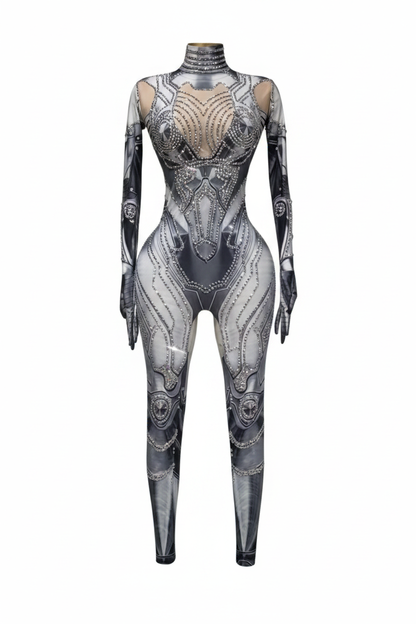 Sparkly Silver Rhinestones Jumpsuit Gloves for Women Sexy Stretchy Performance Dance Costume Nightclub Rompers