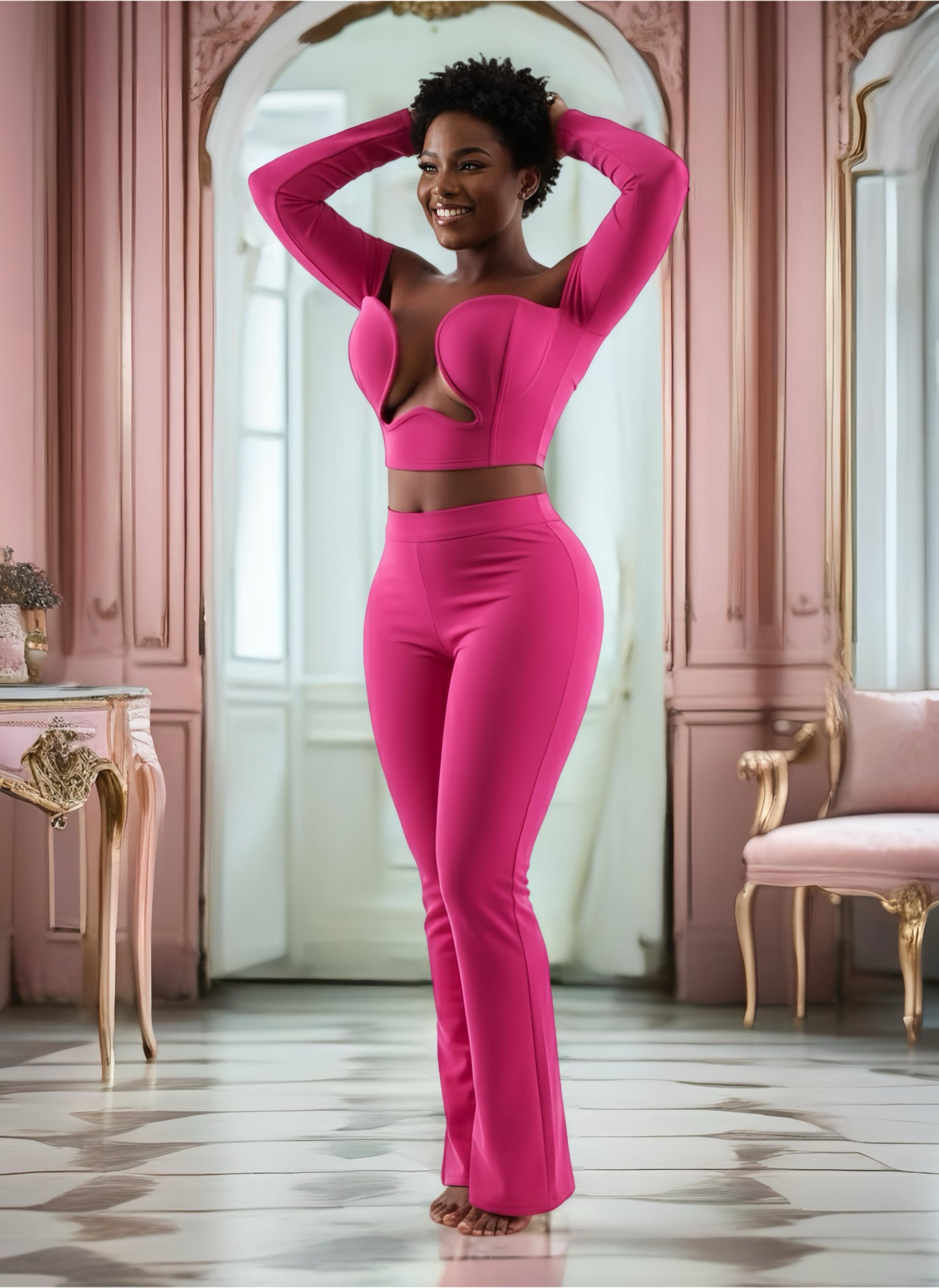 Women Sexy Strapless Backless Hot Pink Glove Pants Bandage Three Piece Suit Celebrity Designer Fashion High Street Pant Suits
