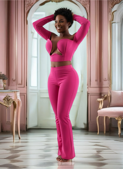 Women Sexy Strapless Backless Hot Pink Glove Pants Bandage Three Piece Suit Celebrity Designer Fashion High Street Pant Suits