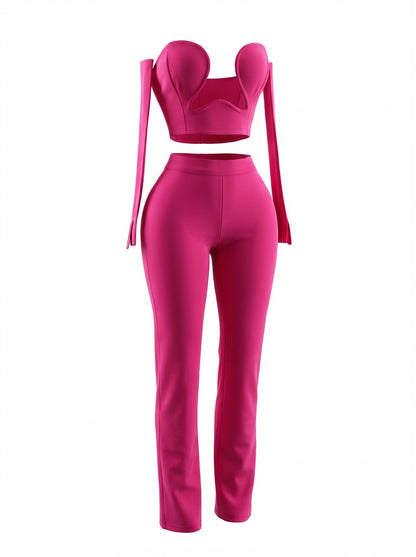 Women Sexy Strapless Backless Hot Pink Glove Pants Bandage Three Piece Suit Celebrity Designer Fashion High Street Pant Suits