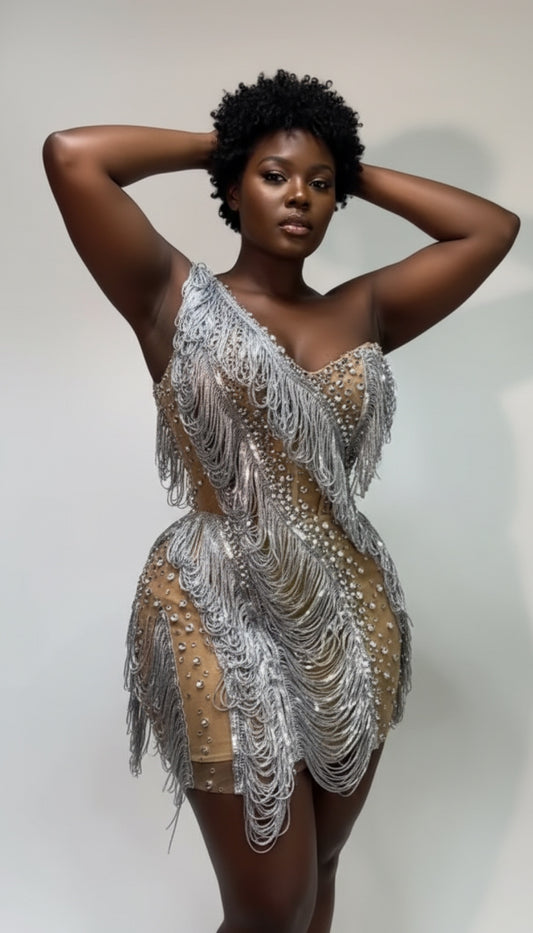 Sparkly Rhinestone Tassel Mesh Dress Nightclub Dance Stage Performance Costume Evening Party One shoulder  Mini Dress