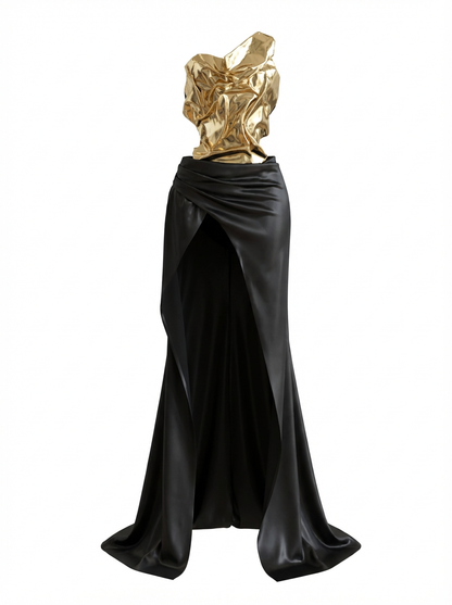 New Arrival Women Gold Color Sexy Laced-up Tops 2 Pieces Set Long Dress