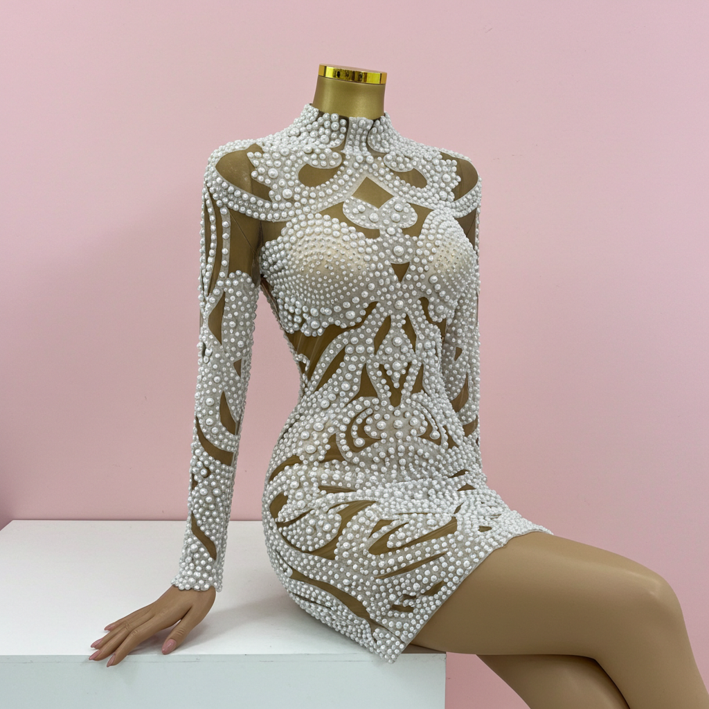 Vestido de noche elegante de alta gama, nuevo, 2025, con diamantes de imitación AB y perlas, de lujo, de manga larga, de malla, para mujer, para cóctel, fiesta, boda.