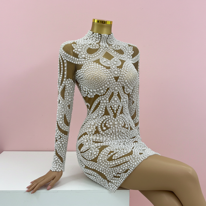 Vestido de noche elegante de alta gama, nuevo, 2025, con diamantes de imitación AB y perlas, de lujo, de manga larga, de malla, para mujer, para cóctel, fiesta, boda.