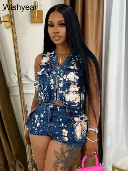 Fashion Printed Blue DenimTwo 2 Pieces Women's Set Sleeveless Zipper Jacket Crop and Shorts Jeans Night Club Beach Party Outfits