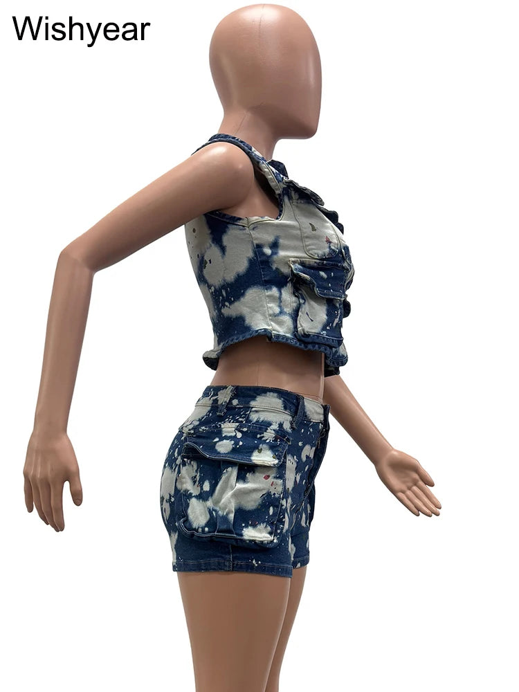 Fashion Printed Blue DenimTwo 2 Pieces Women's Set Sleeveless Zipper Jacket Crop and Shorts Jeans Night Club Beach Party Outfits
