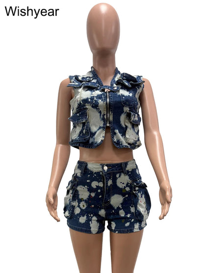 Fashion Printed Blue DenimTwo 2 Pieces Women's Set Sleeveless Zipper Jacket Crop and Shorts Jeans Night Club Beach Party Outfits