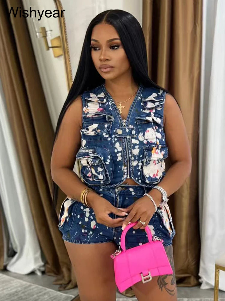 Fashion Printed Blue DenimTwo 2 Pieces Women's Set Sleeveless Zipper Jacket Crop and Shorts Jeans Night Club Beach Party Outfits
