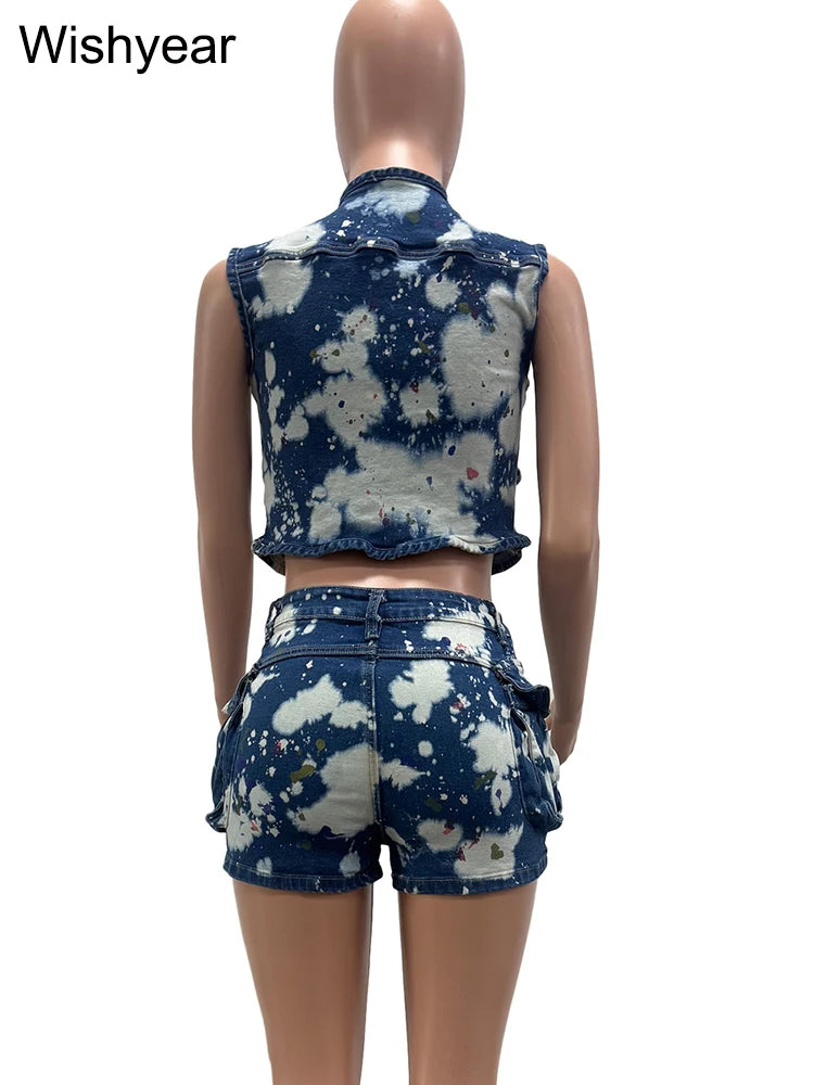 Fashion Printed Blue DenimTwo 2 Pieces Women's Set Sleeveless Zipper Jacket Crop and Shorts Jeans Night Club Beach Party Outfits