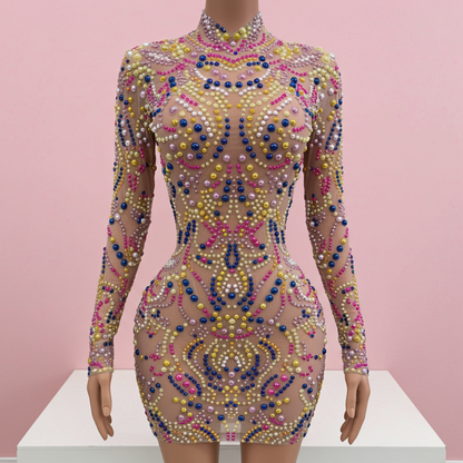 2025 New Sexy Full Color Pearl Mesh Stretch Short Dress Women Evening Birthday Party Prom Celebrate Nightclub Stage Costume