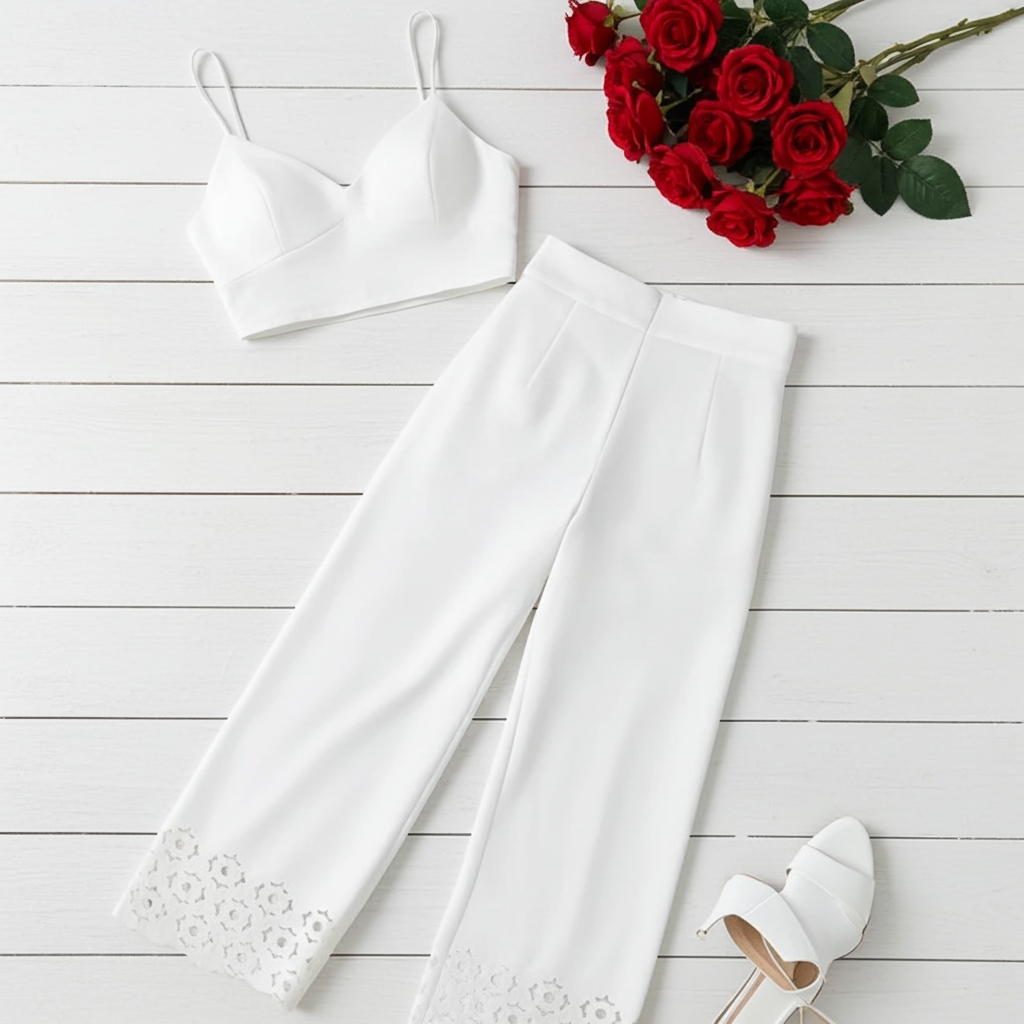 2 Piece Sets Womens Outifits Casual V-Neck Cami Crop Tops & White Fashion Hollow Out Wide Leg High Waist Pants Suits Female