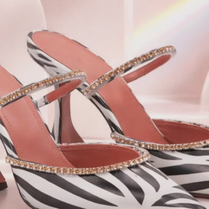 2024 Summer New Pointed Toe Rhinestone Sequined Stiletto Slippers Leopard Print Baotou Half Drag Sandals