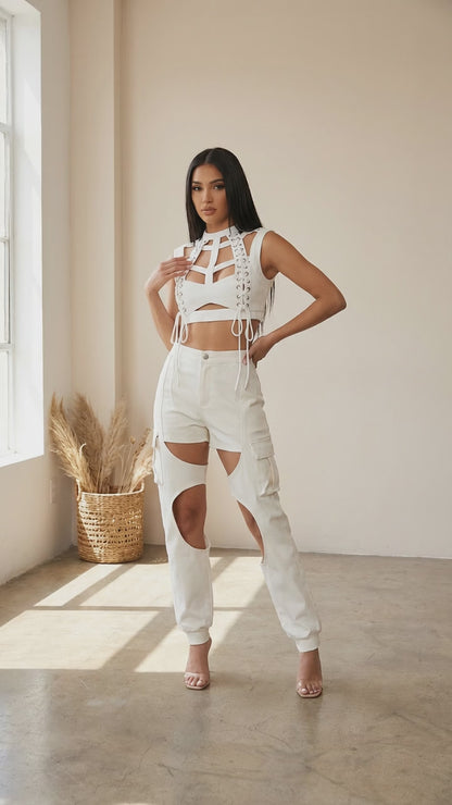 Wide Leg Pants Hollow Out Two Piece Suit New Stand Collar Long Sleeve Loose Fit Women Fashion